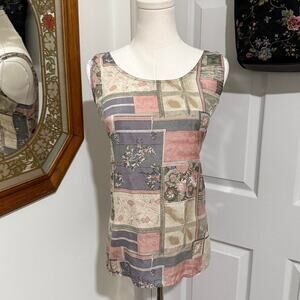 VTG 90s Stunt Floral Patchwork Slightly Sheer Silk Tank Top with Side Slits M/L